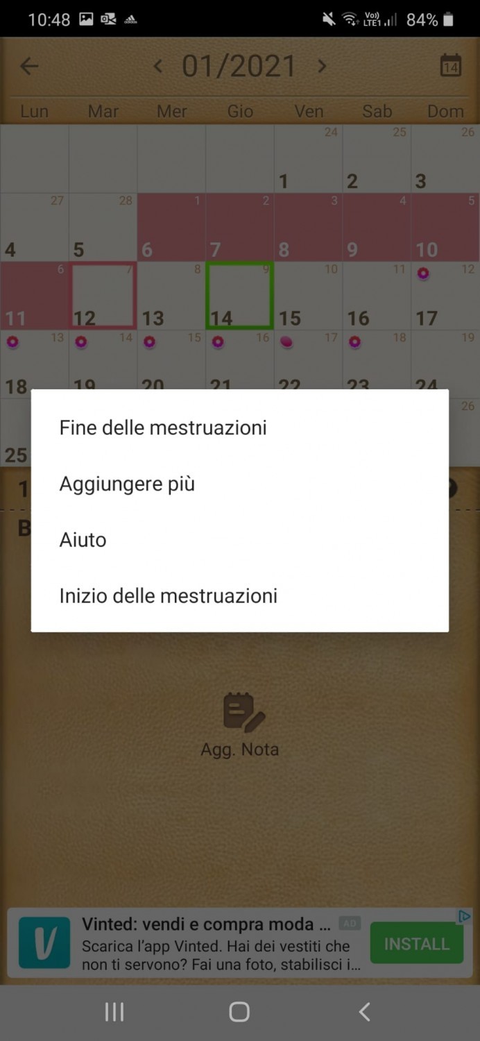 Calendario sotto e opzioni giornaliere